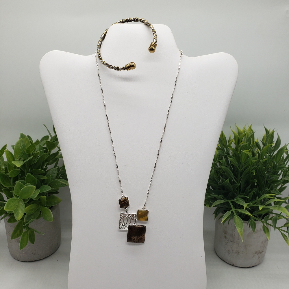 Elegant Gold Silver Tone Necklace and Bangle Bracelet Pair